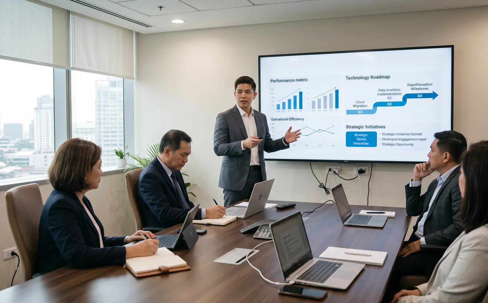 Business leaders reviewing a technology roadmap and performance goals
