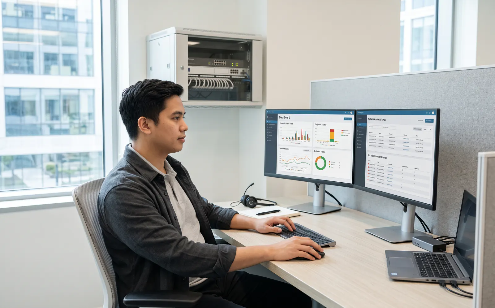 Cybersecurity specialist reviewing firewall and endpoint security dashboards