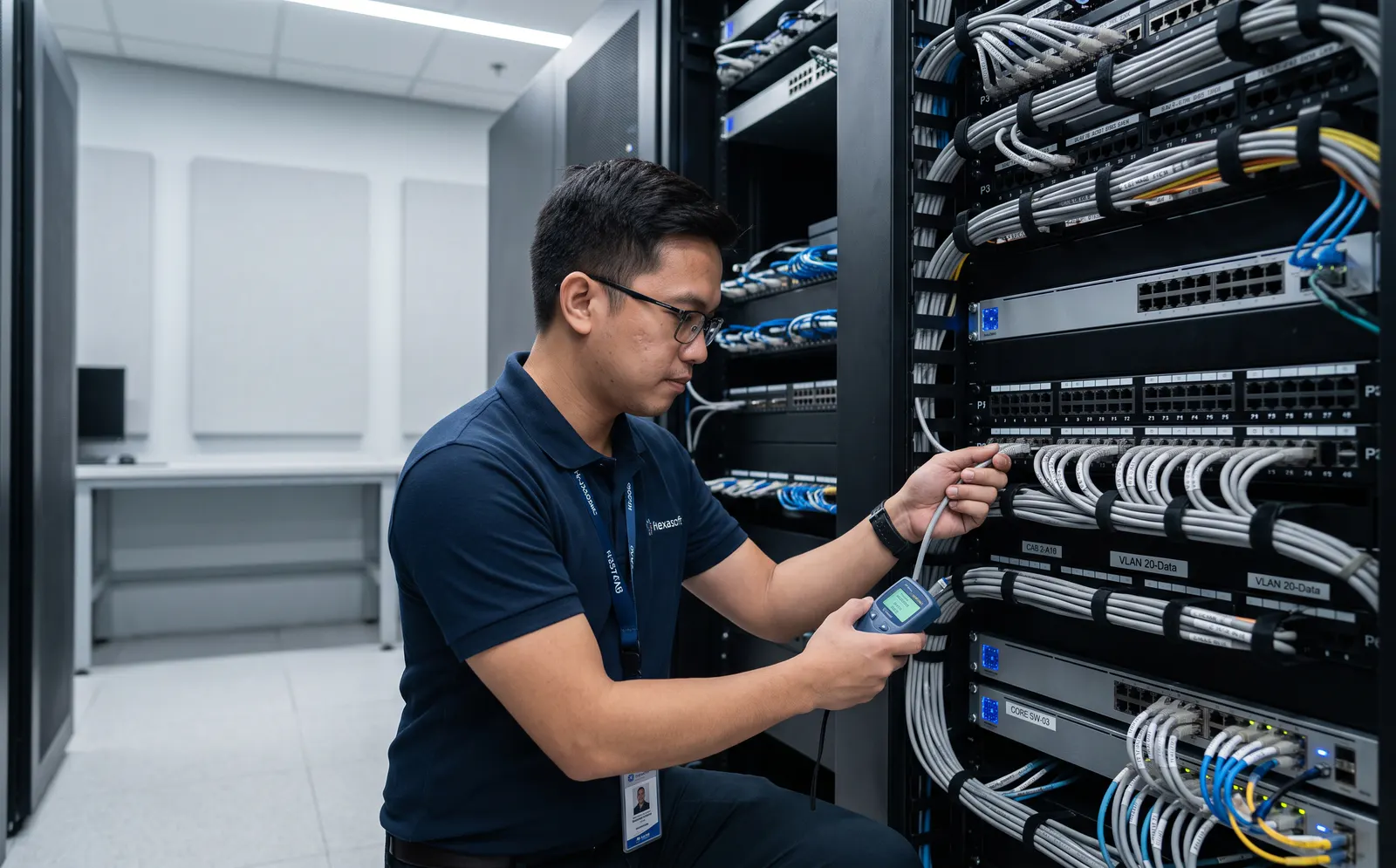 Hexasoft technician testing structured network cabling in a server room